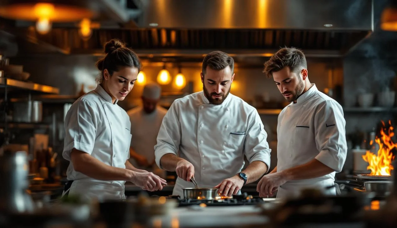 Brigade de cuisiniers roumains travaillant en service dans une cuisine professionnelle