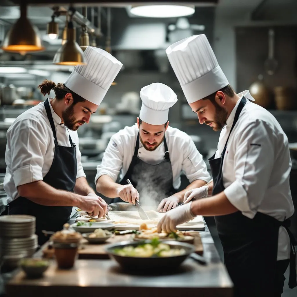Brigade de cuisine avec commis, cuisinier et chef de partie en restaurant